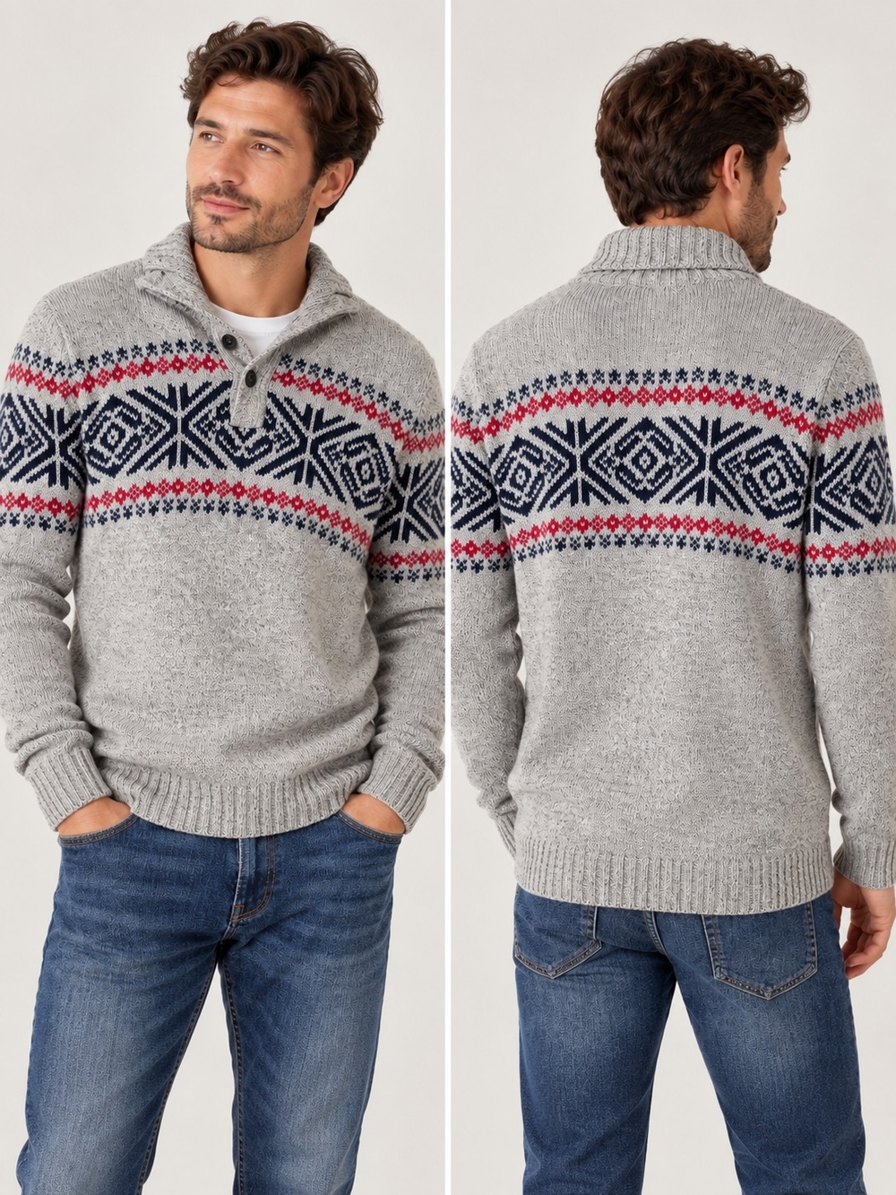 American Eagle Fair Isle Henley Mock Neck Sweater Large Tall Nordic Gray Red
